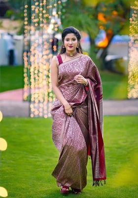Maroon Woven Silk Blend Saree Set
