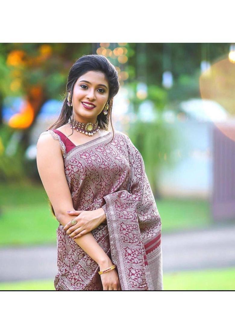 Maroon Woven Silk Blend Saree Set - Indya