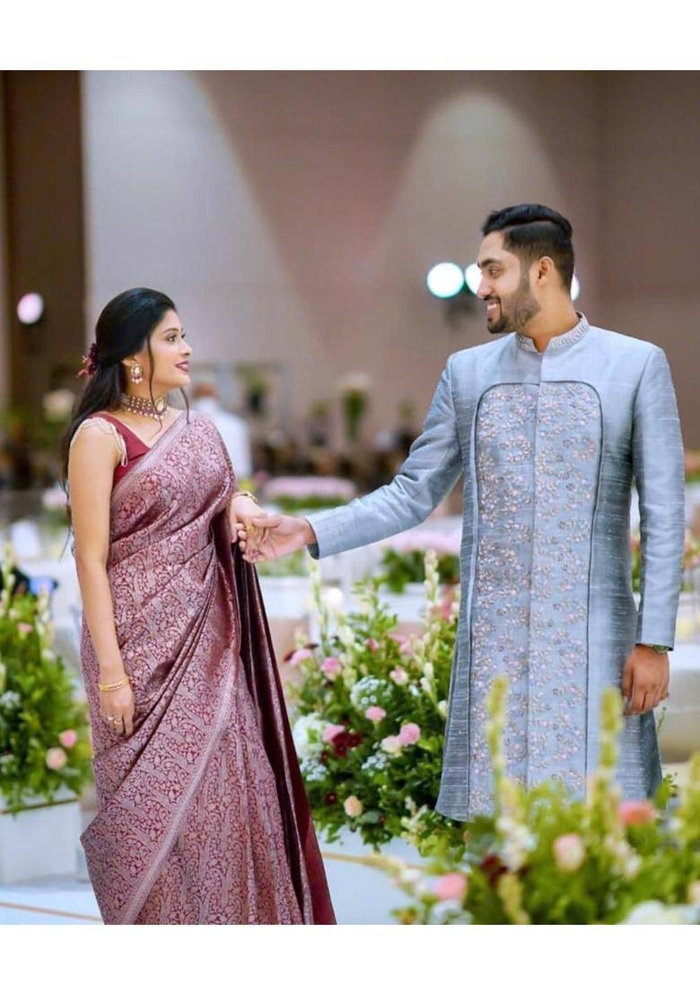 Maroon Woven Silk Blend Saree Set - Indya
