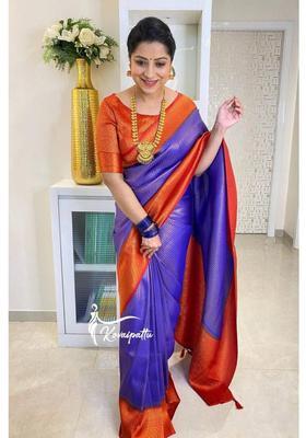 Purple Woven Silk Blend Saree Set