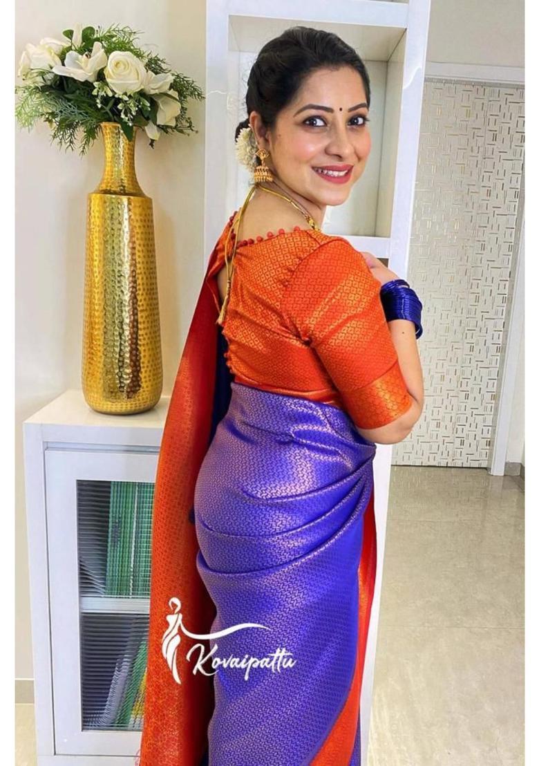 Purple Woven Silk Blend Saree Set - Indya