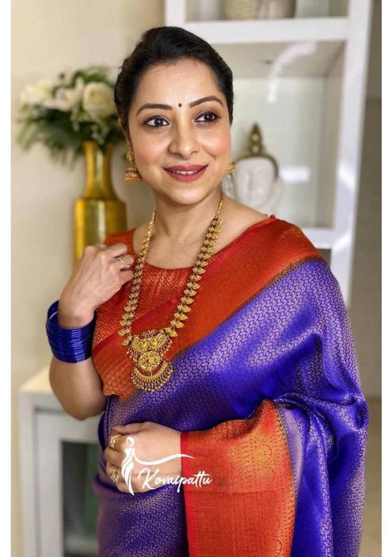 Purple Woven Silk Blend Saree Set - Indya