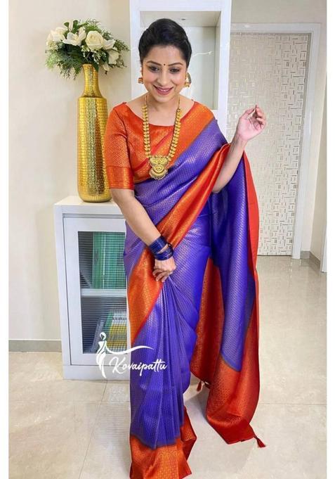 Purple Woven Silk Saree Set