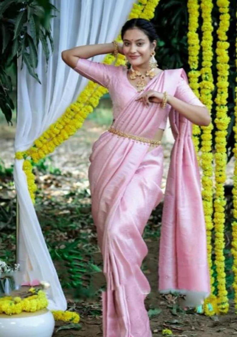 Pink Woven Jacquard Saree Set - Indya