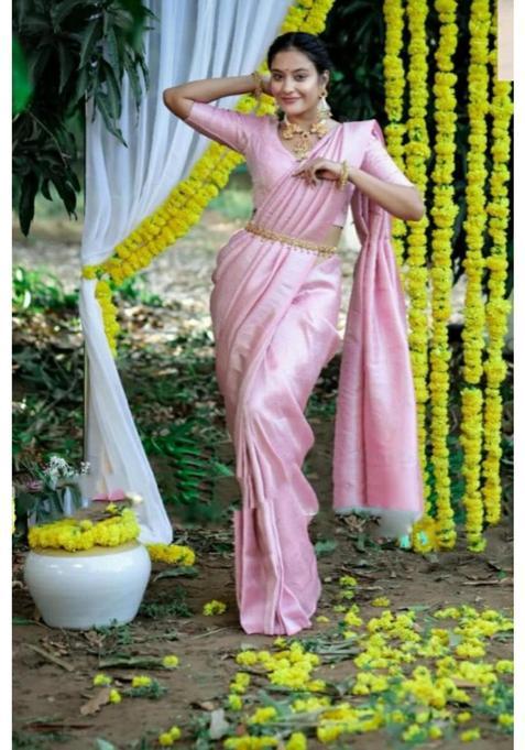 Pink Woven Jacquard Saree Set