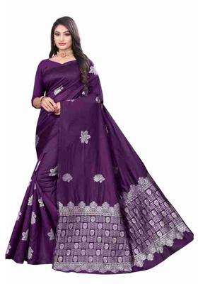 Purple Woven Silk Blend Saree Set