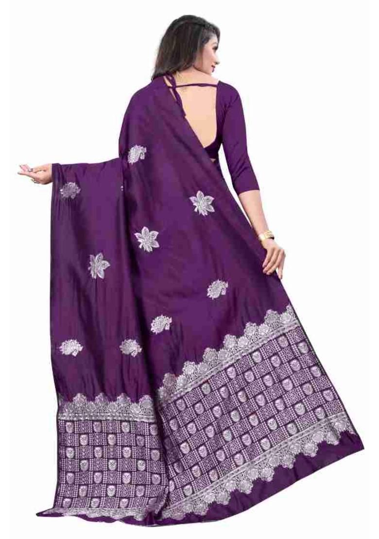 Purple Woven Silk Blend Saree Set - Indya
