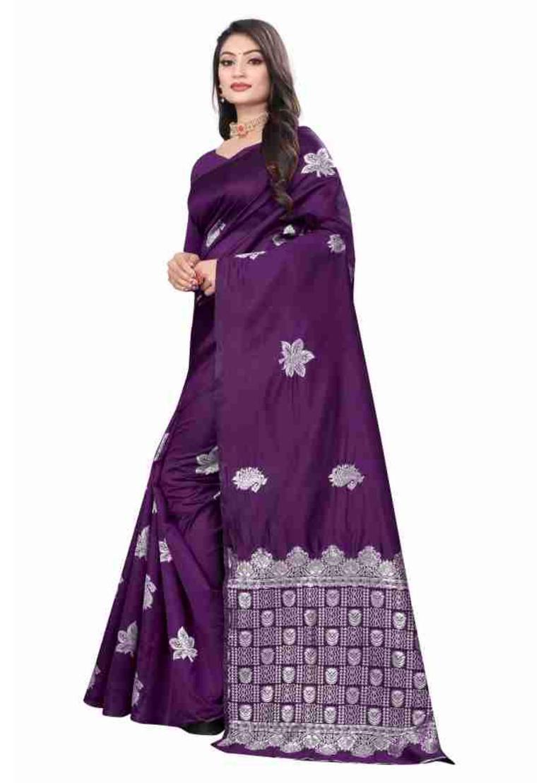 Purple Woven Silk Blend Saree Set - Indya