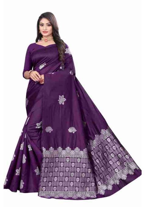 Purple Woven Silk Blend Saree Set