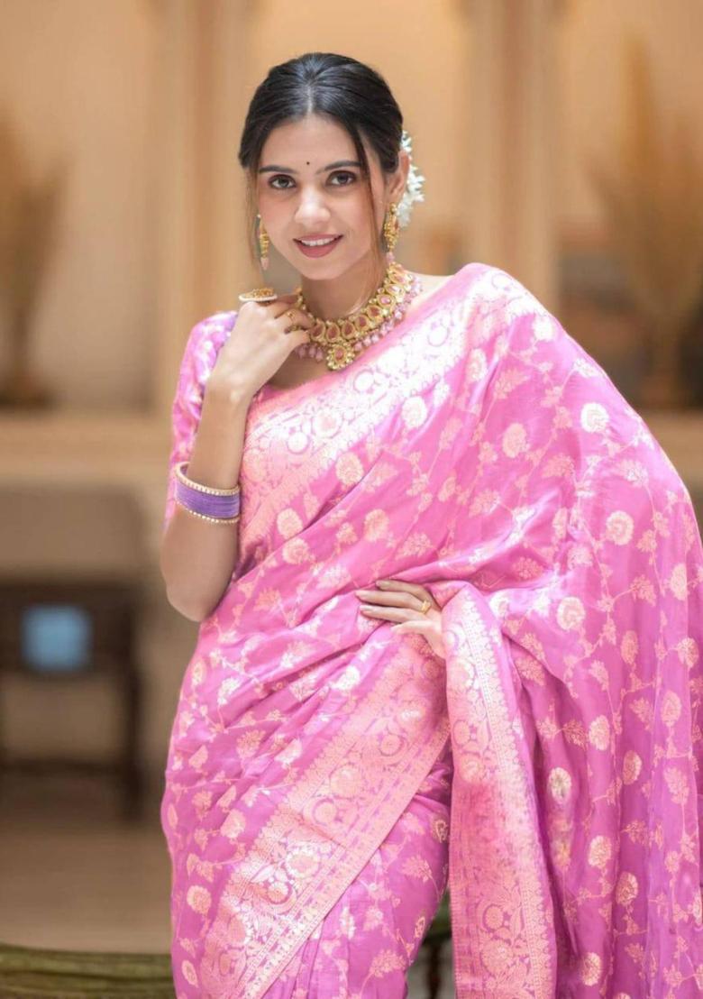 Pink Woven Silk Blend Saree Set - Indya