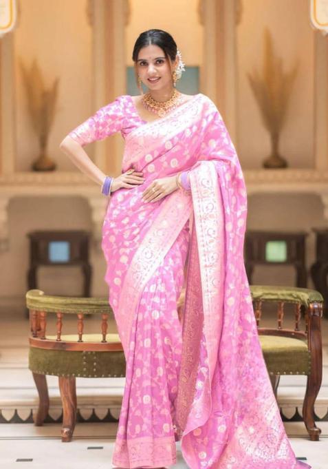 Pink Woven Silk Saree Set