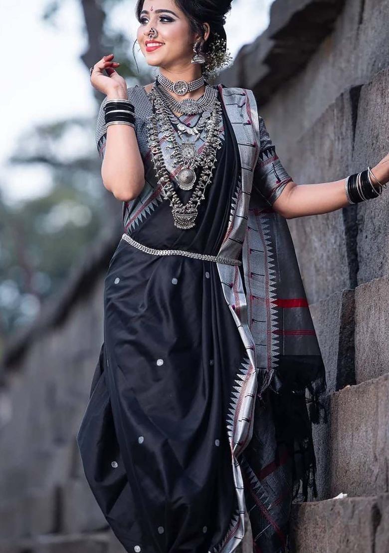 Black Woven Silk Blend Saree Set - Indya