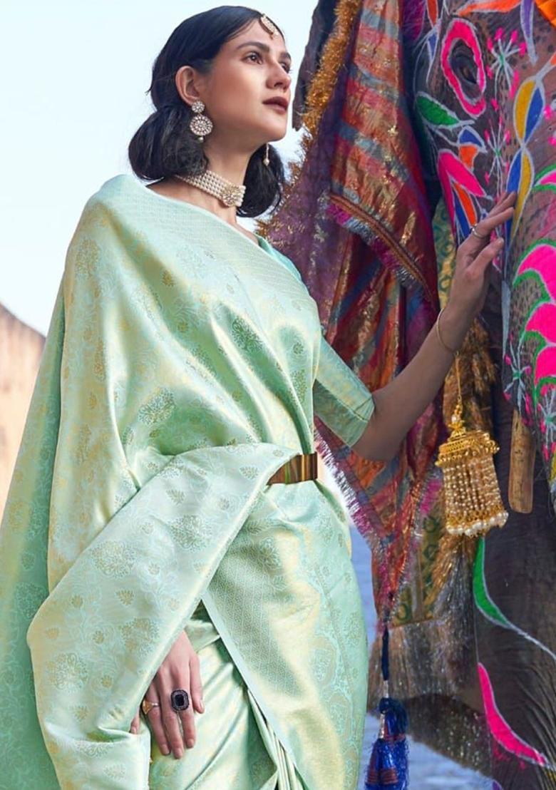 Green Printed Jacquard Saree Set - Indya