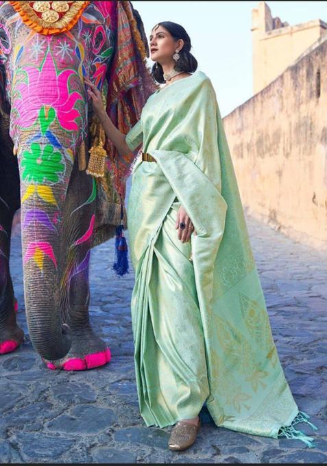 Green Printed Jacquard Saree Set