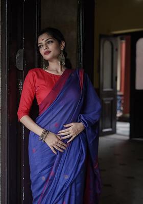 Blue Printed Jacquard Saree Set