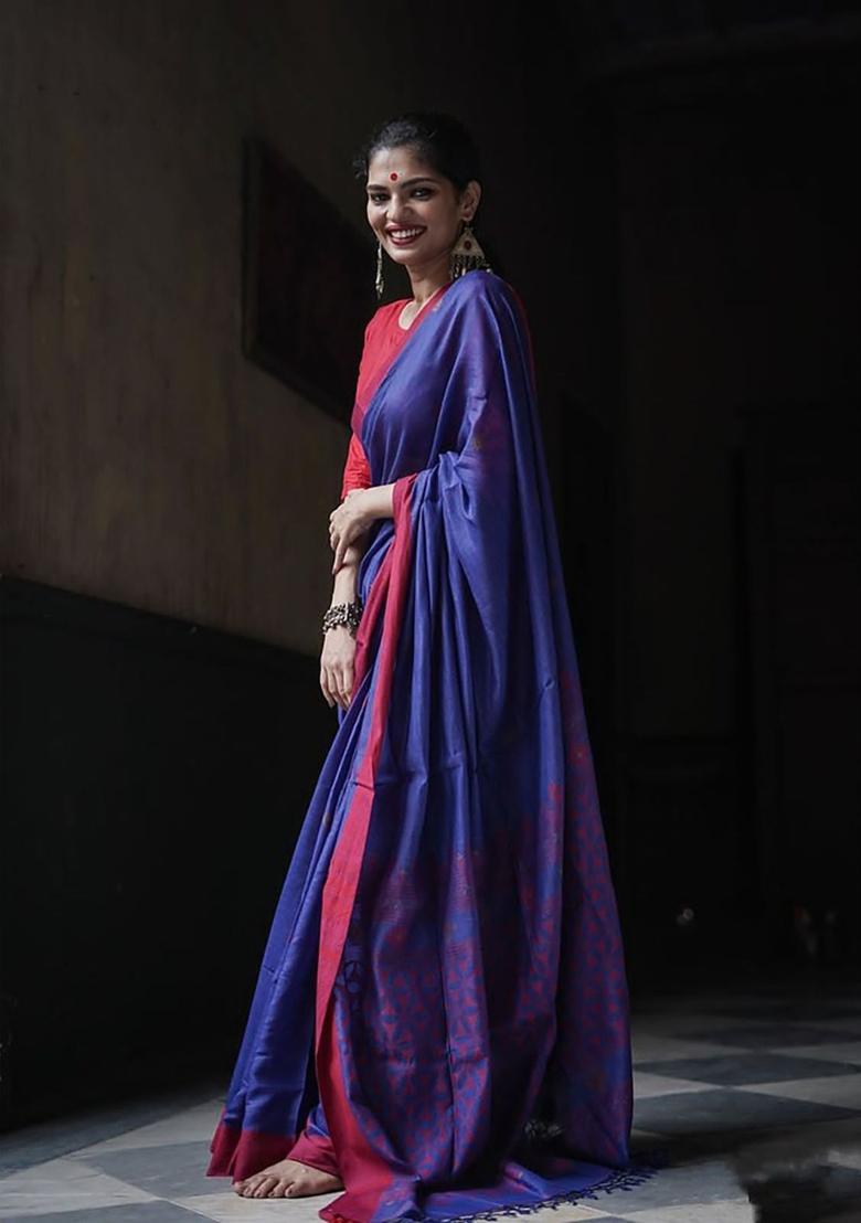 Blue Printed Jacquard Saree Set - Indya