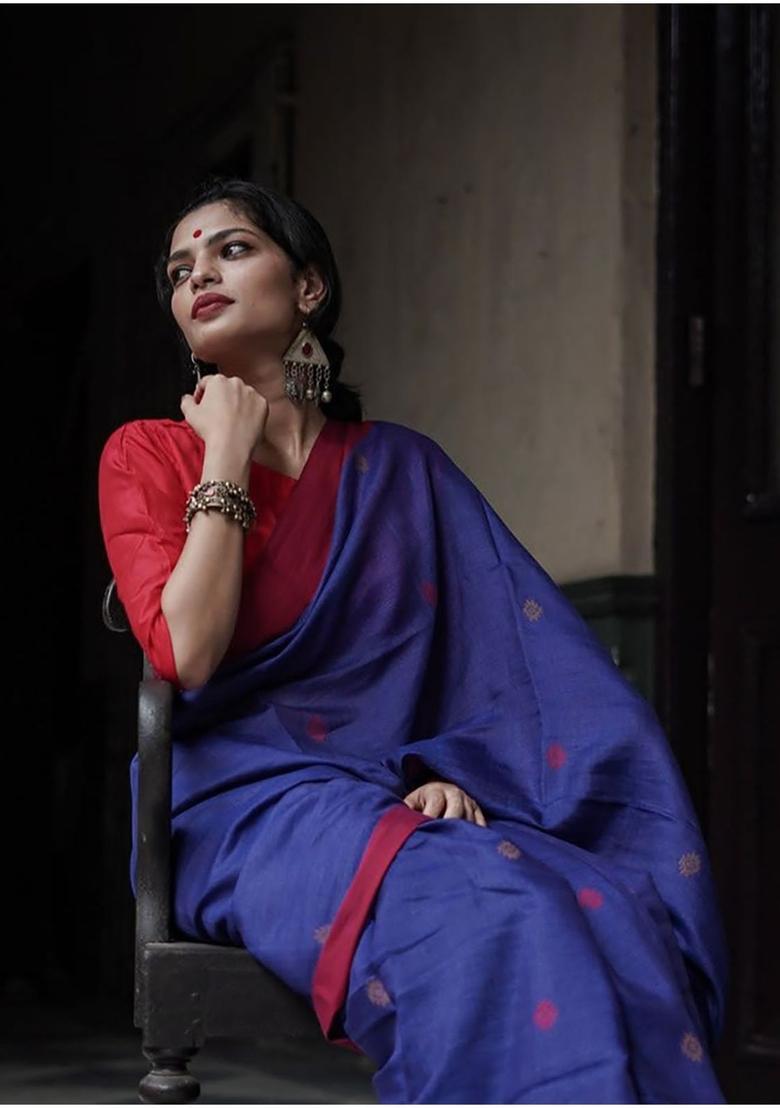 Blue Printed Jacquard Saree Set - Indya