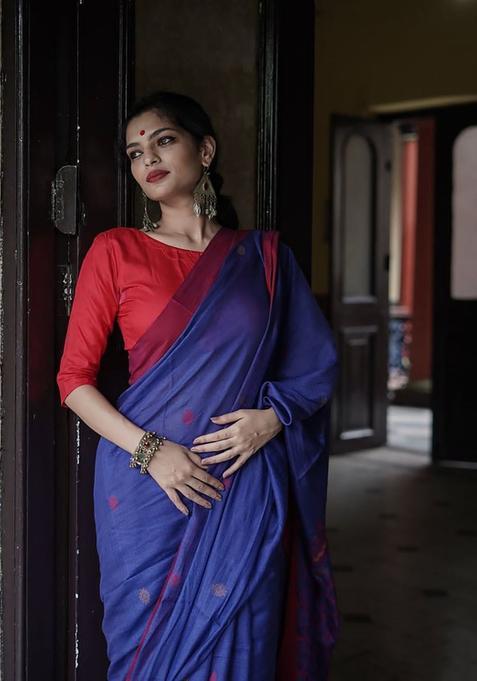 Blue Printed Jacquard Saree Set