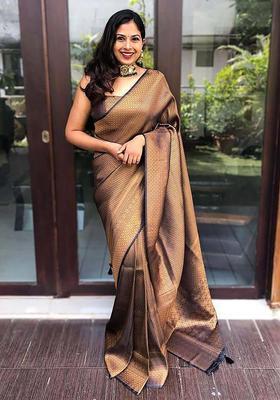 Brown Woven Silk Blend Saree Set
