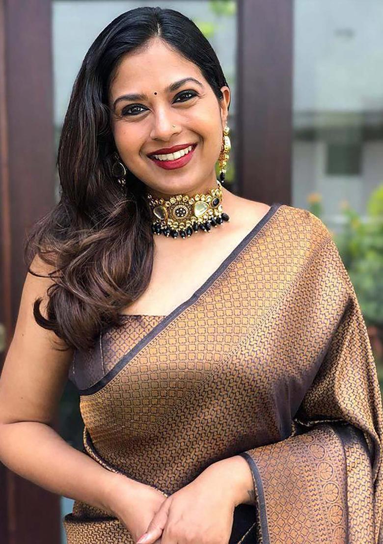 Brown Woven Silk Blend Saree Set - Indya
