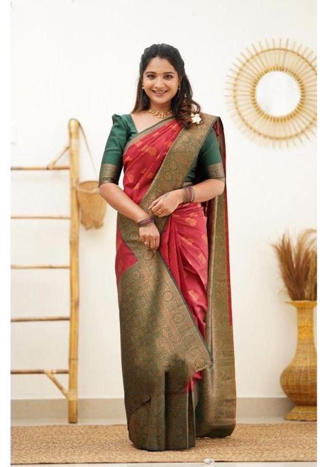 Red Woven Jacquard Saree Set