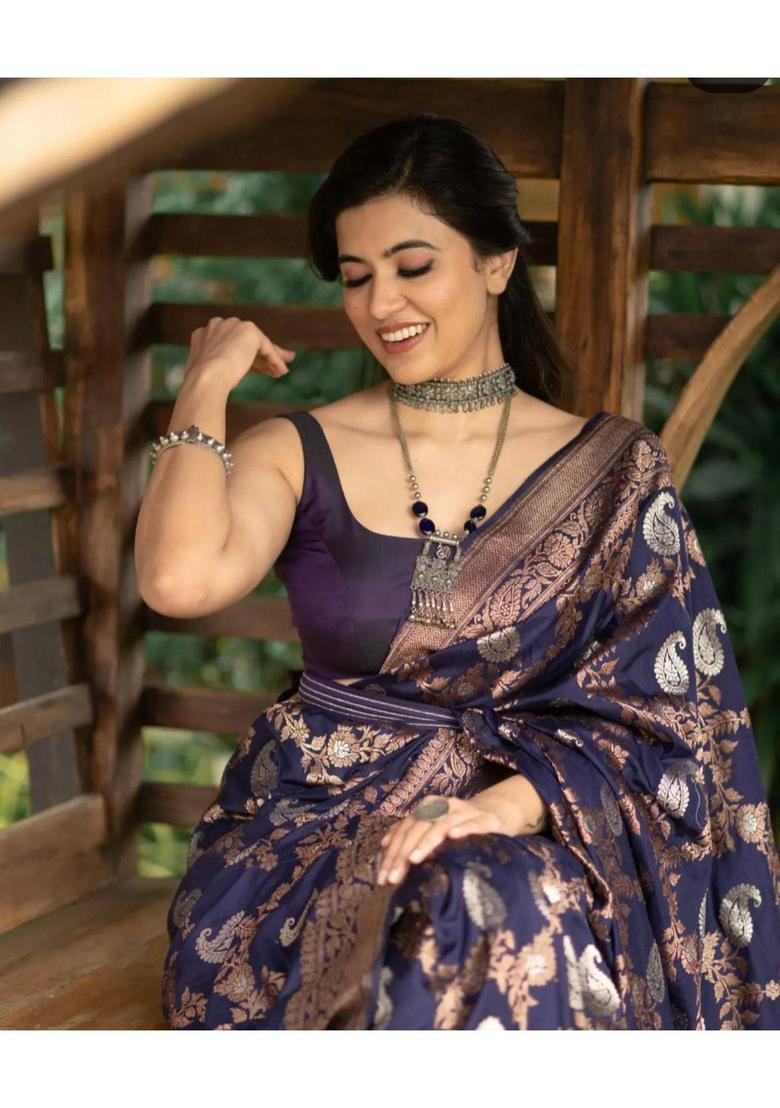 Navy Blue Woven Silk Blend Saree Set - Indya