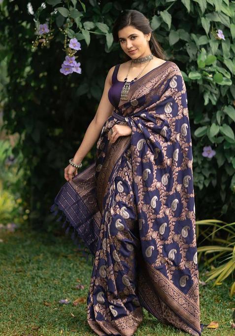 Navy Blue Woven Silk Saree Set