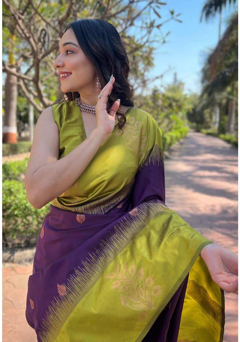 Purple Woven Jacquard Saree Set - Indya