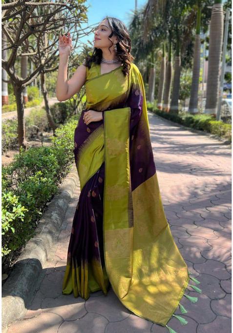 Purple Woven Jacquard Saree Set