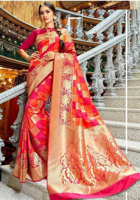 Red Woven Jacquard Saree Set