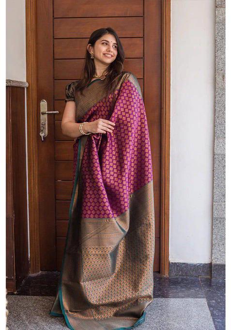 Purple Woven Jacquard Saree Set