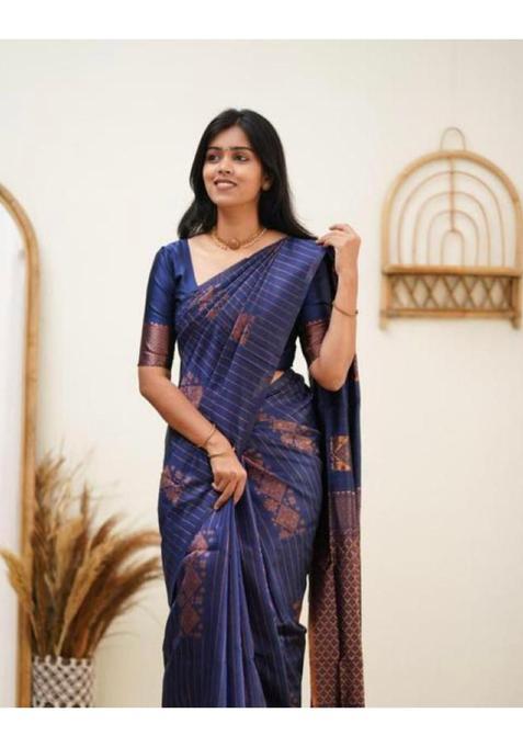 Navy Blue Printed Jacquard Saree Set