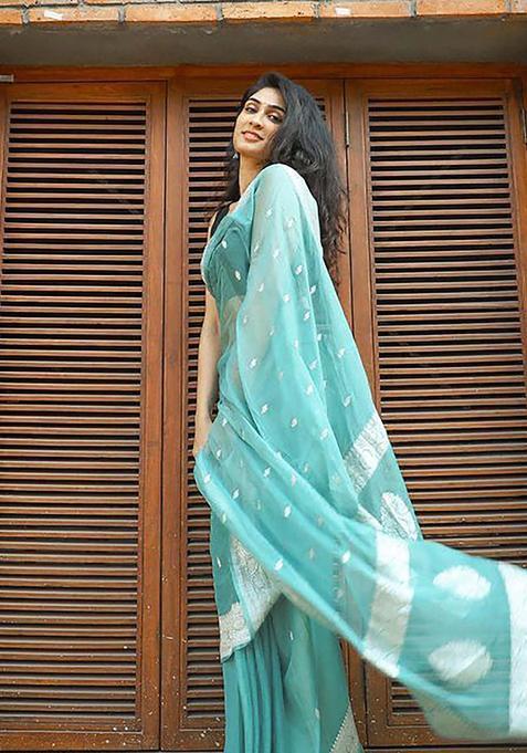 Blue Woven Silk Blend Saree Set