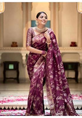Wine Printed Jacquard Saree Set