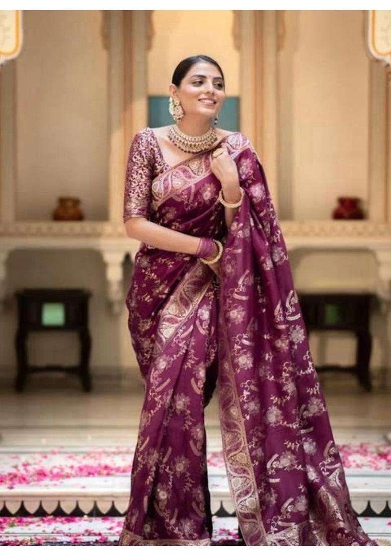 Wine Jacquard Saree Set with Printed for Diwali | Wedding & Festive Wear - Indya