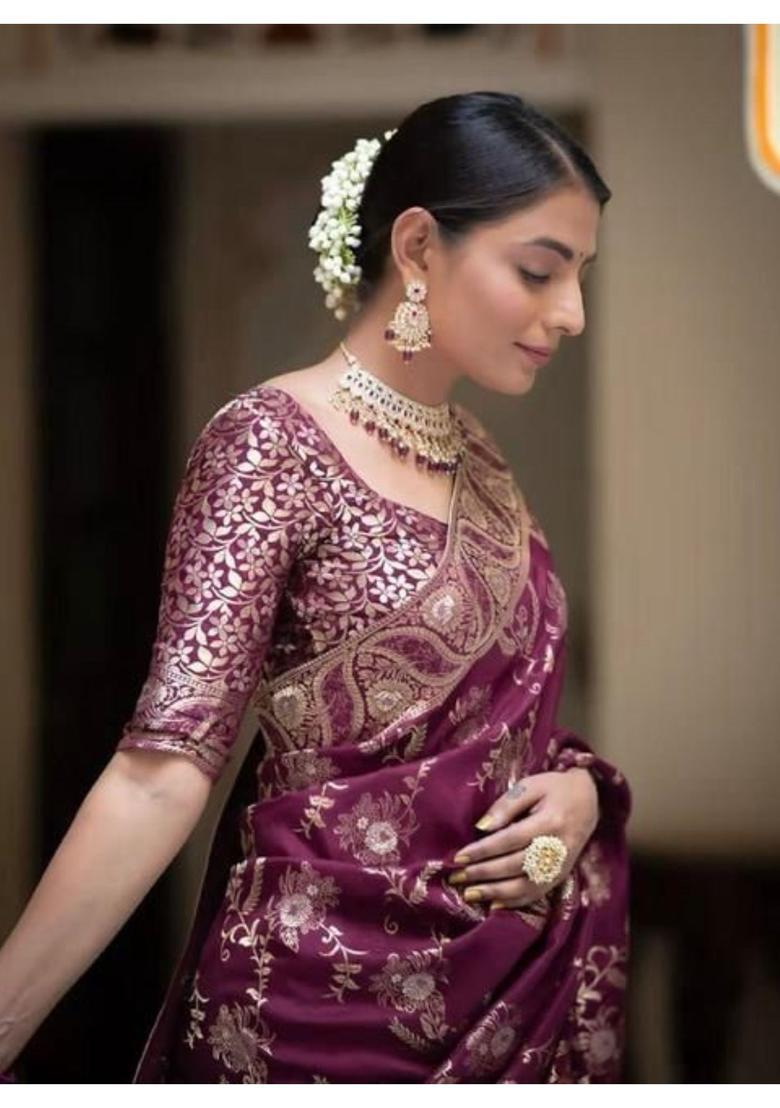 Wine Printed Jacquard Saree Set - Indya