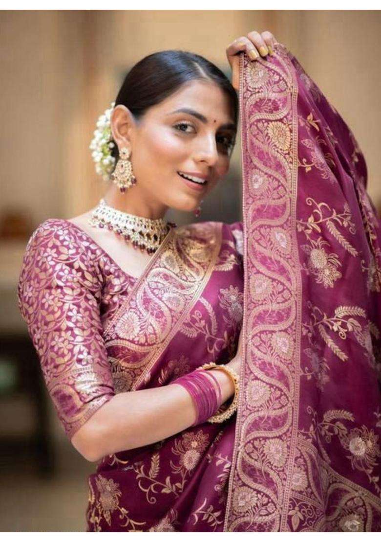 Wine Jacquard Saree Set with Printed for Diwali | Wedding & Festive Wear - Indya