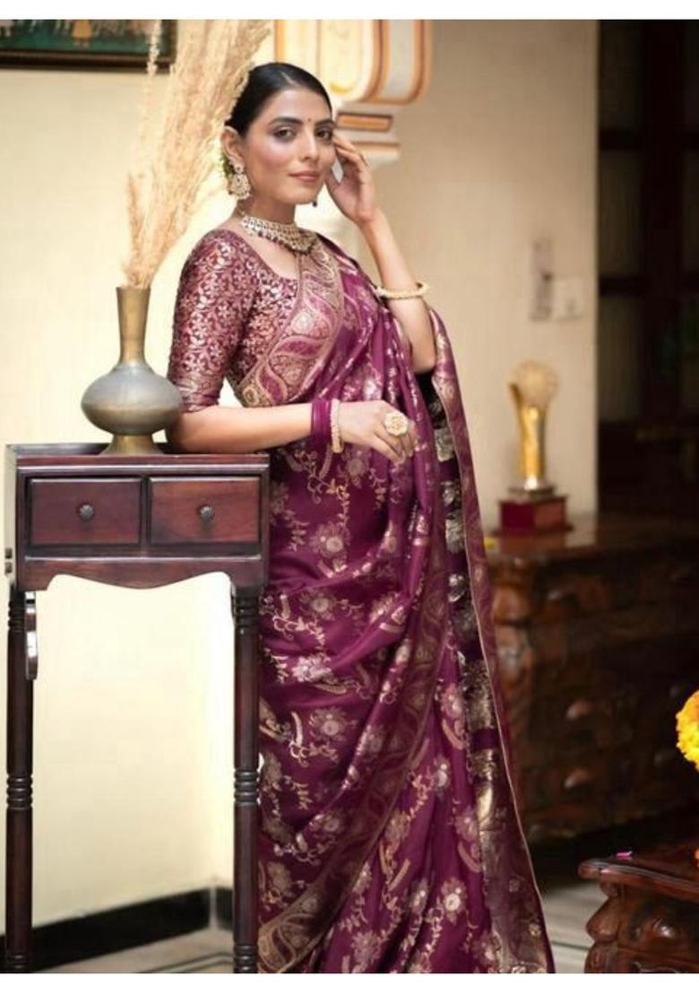 Wine Printed Jacquard Saree Set - Indya