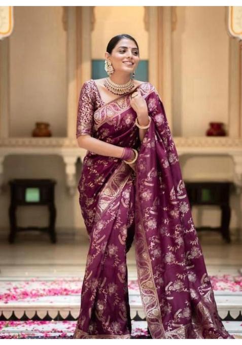 Wine Printed Jacquard Saree Set
