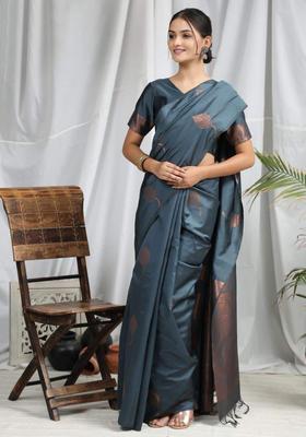 Grey Woven Silk Blend Saree Set