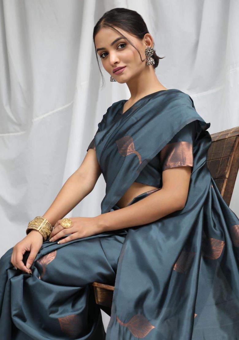 Grey Woven Silk Blend Saree Set - Indya