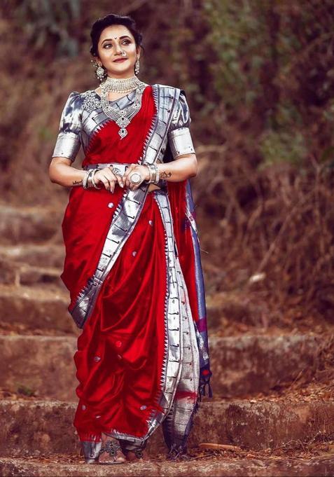 Red Woven Silk Blend Saree Set
