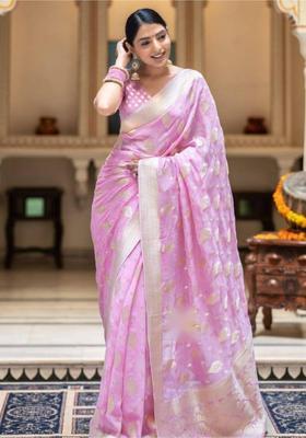 Pink Woven Silk Blend Saree Set