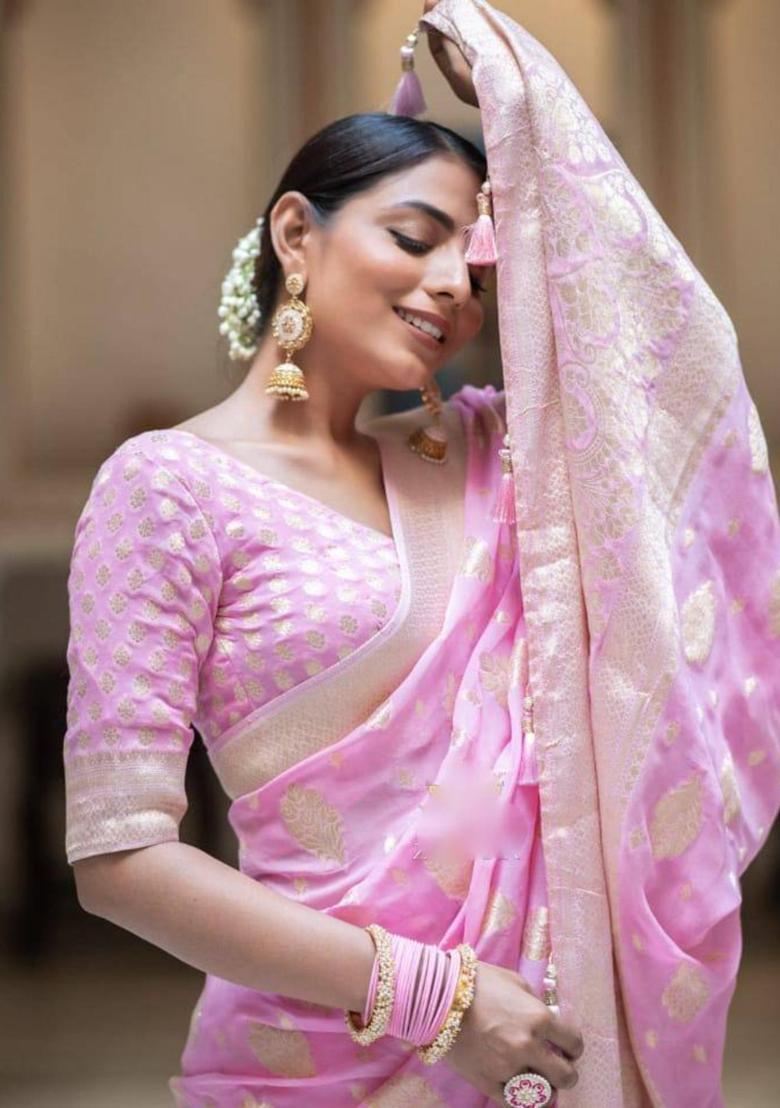 Pink Woven Silk Blend Saree Set - Indya