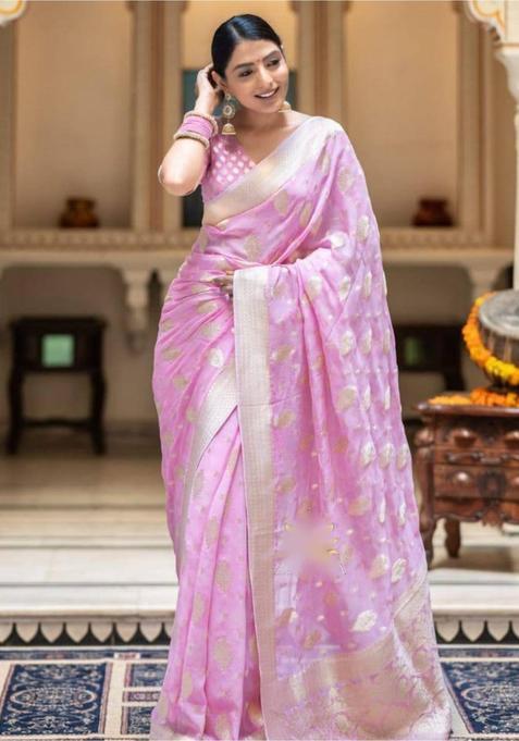 Pink Woven Silk Blend Saree Set