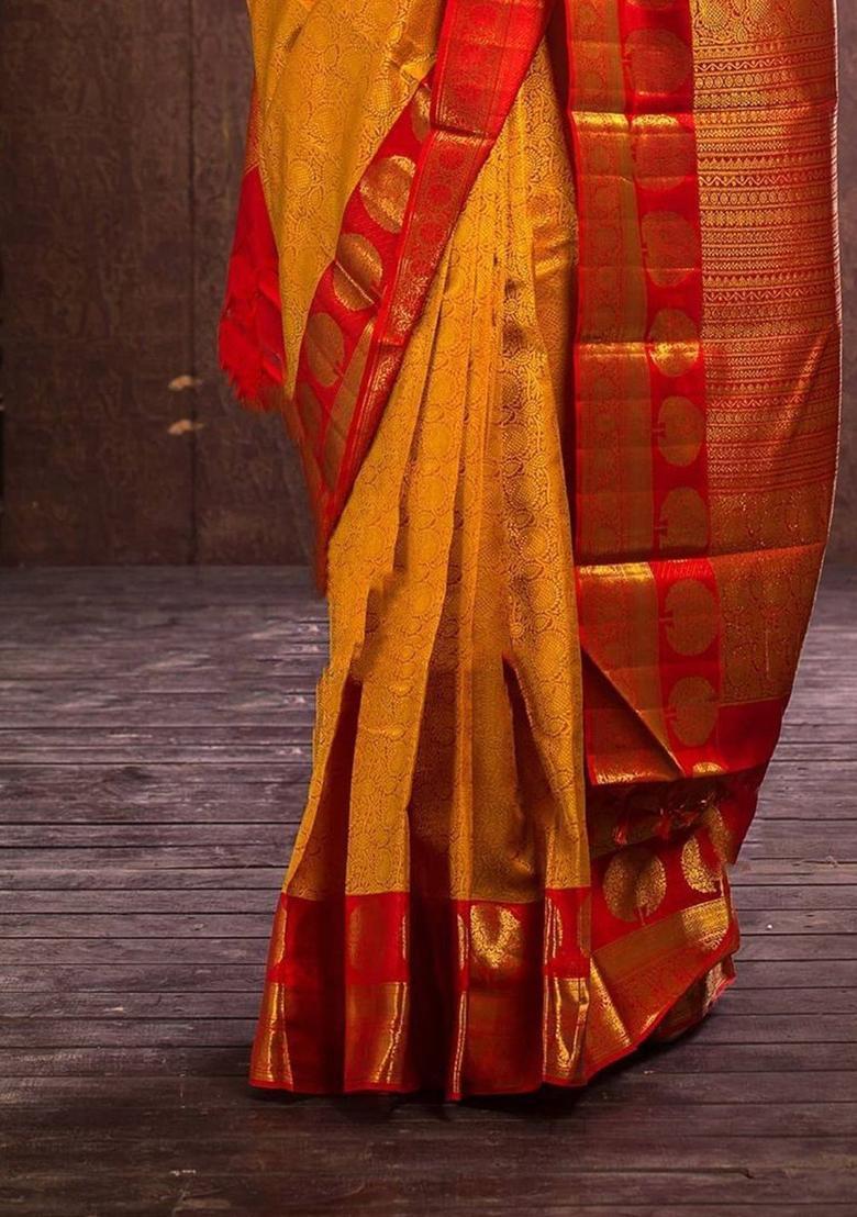 Mustard Woven Jacquard Saree Set - Indya