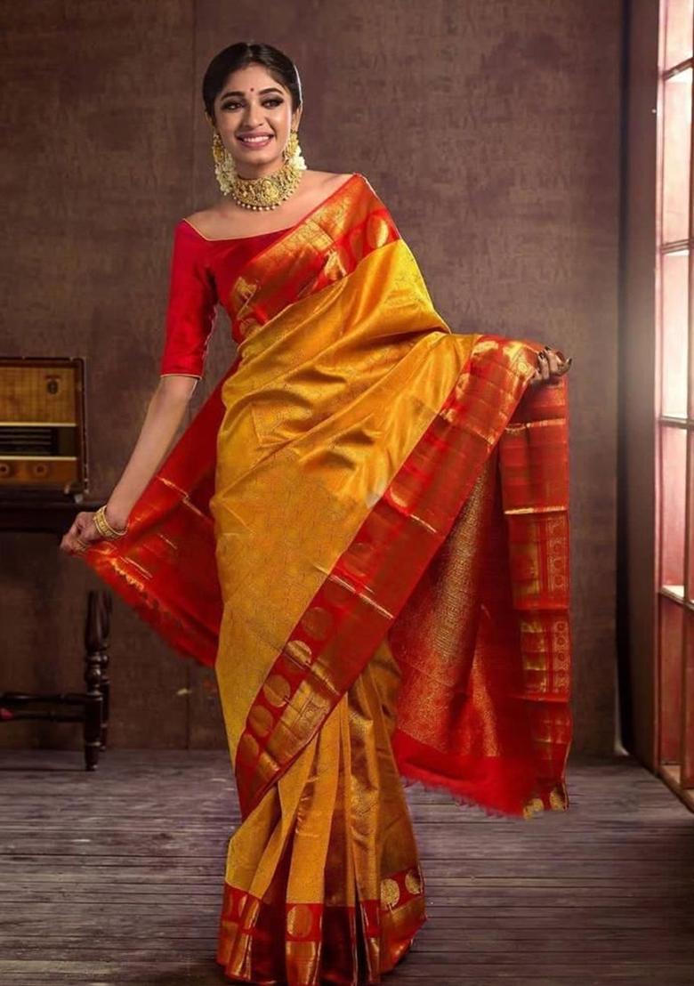 Mustard Woven Jacquard Saree Set - Indya