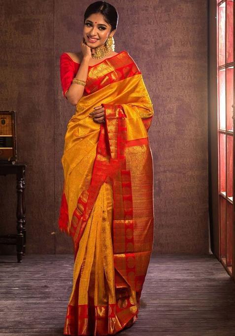 Mustard Woven Jacquard Saree Set