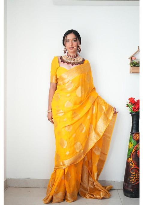 Yellow Woven Jacquard Saree Set