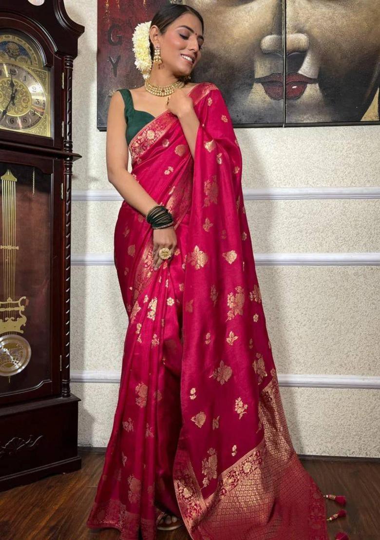 Pink Woven Jacquard Saree Set - Indya